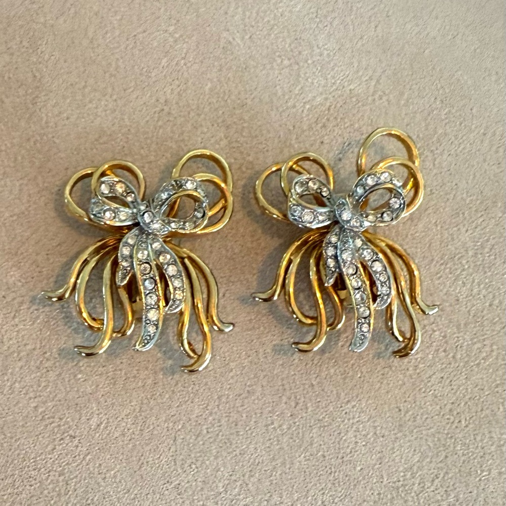 Vintage Gold and Silver Crystal Bow Earrings - Women Jewelry